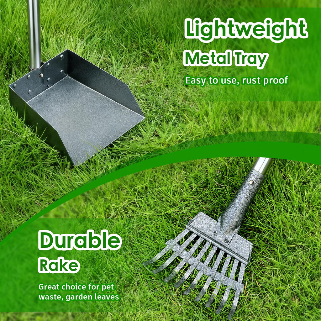 ROIUBPO Pooper Scooper with Long Handle — Stainless Steel Tray & Rake, Heavy Duty