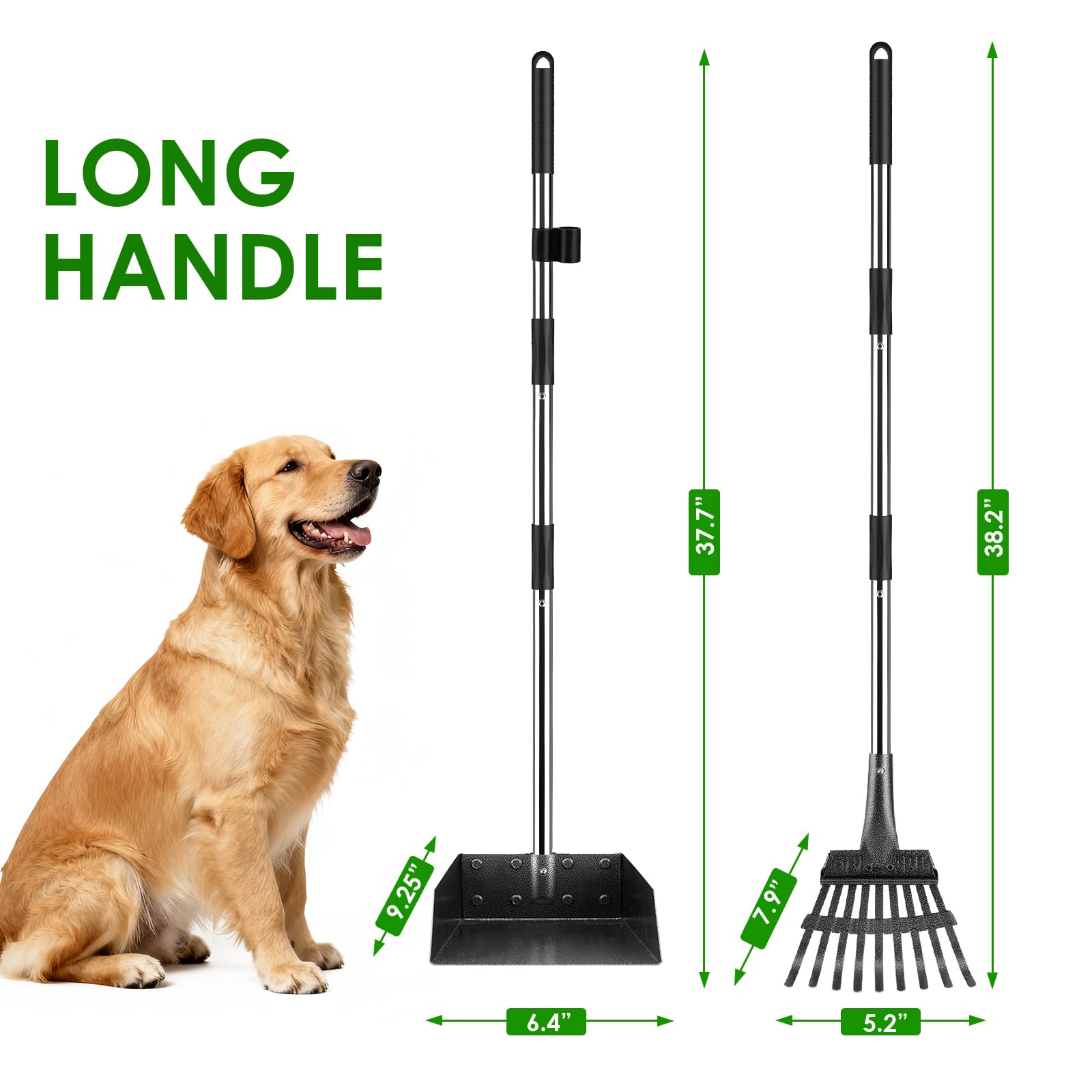 ROIUBPO Pooper Scooper with Long Handle — Stainless Steel Tray & Rake, Heavy Duty