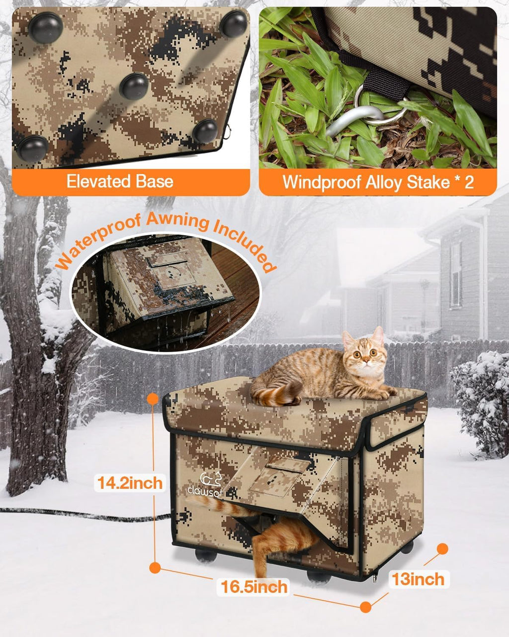 Rolimate Indestructible Heated Cat House – Outdoor Winter Shelter with Escape Door (Desert Camouflage, 13x17x12.6)