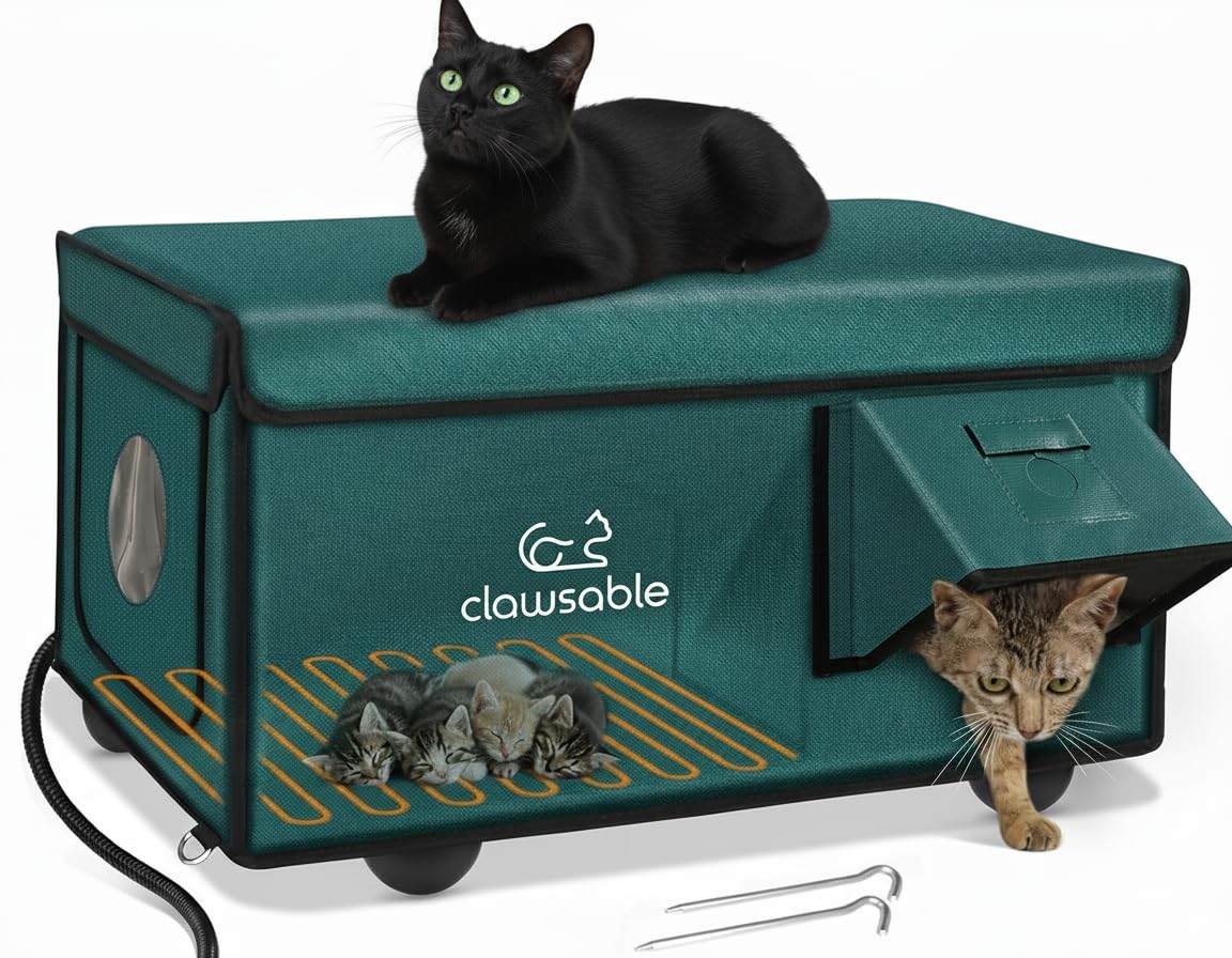 Rolimate Indestructible Heated Cat House – Weatherproof Outdoor Shelter with Escape Door (Forest Green, 26x17x14)