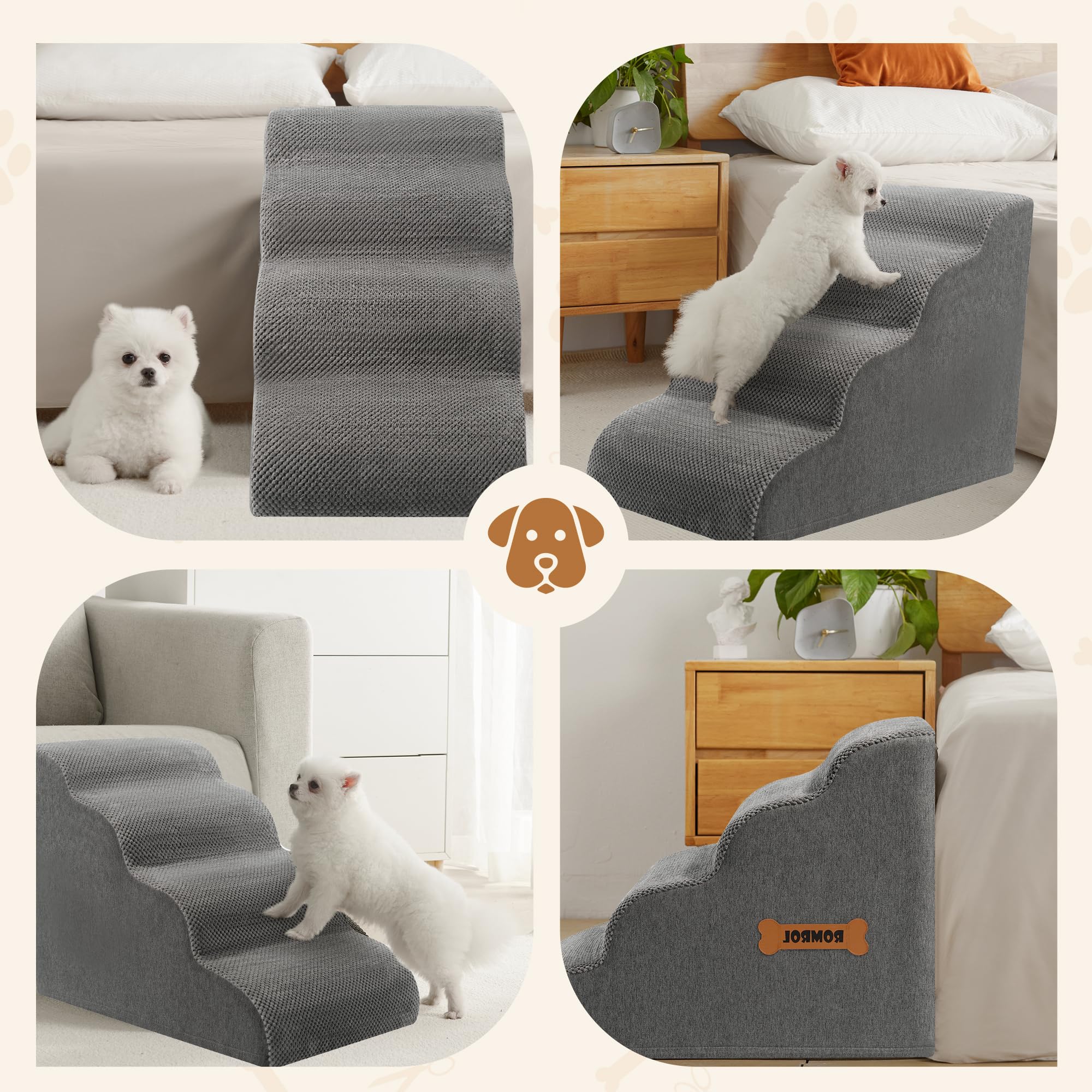 ROMROL Dog Stairs 4-Step Gray — 33D Foam, Non-Slip Waterproof Cover