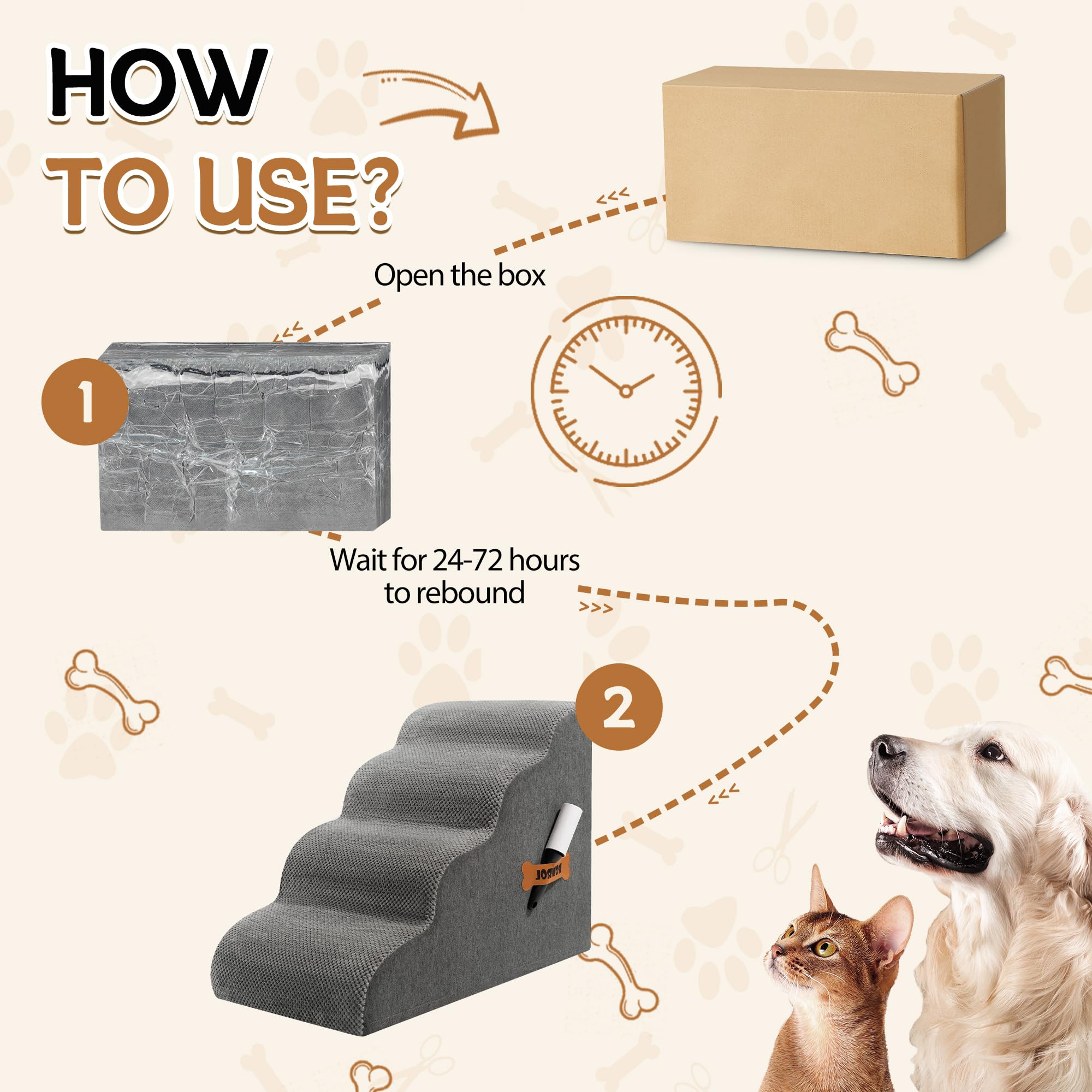 ROMROL Dog Stairs 4-Step Gray — 33D Foam, Non-Slip Waterproof Cover