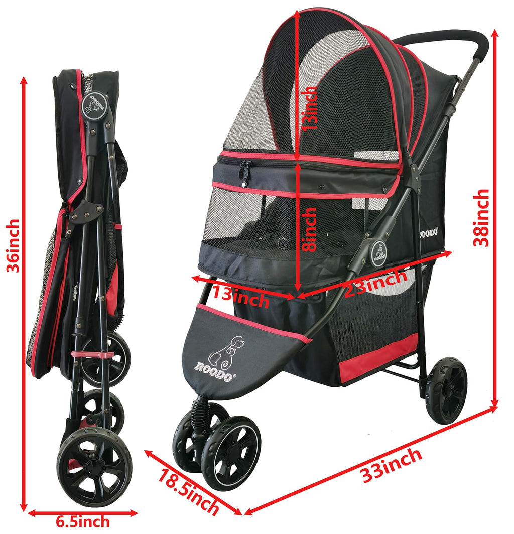 ROODO Escort 3-Wheel Pet Stroller – Lightweight Foldable All-Terrain for Small & Medium Dogs & Cats (Black)