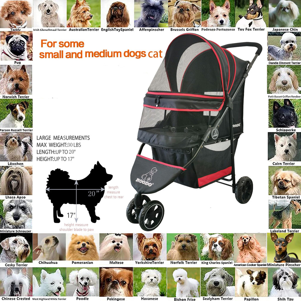ROODO Escort 3-Wheel Pet Stroller – Lightweight Foldable All-Terrain for Small & Medium Dogs & Cats (Black)
