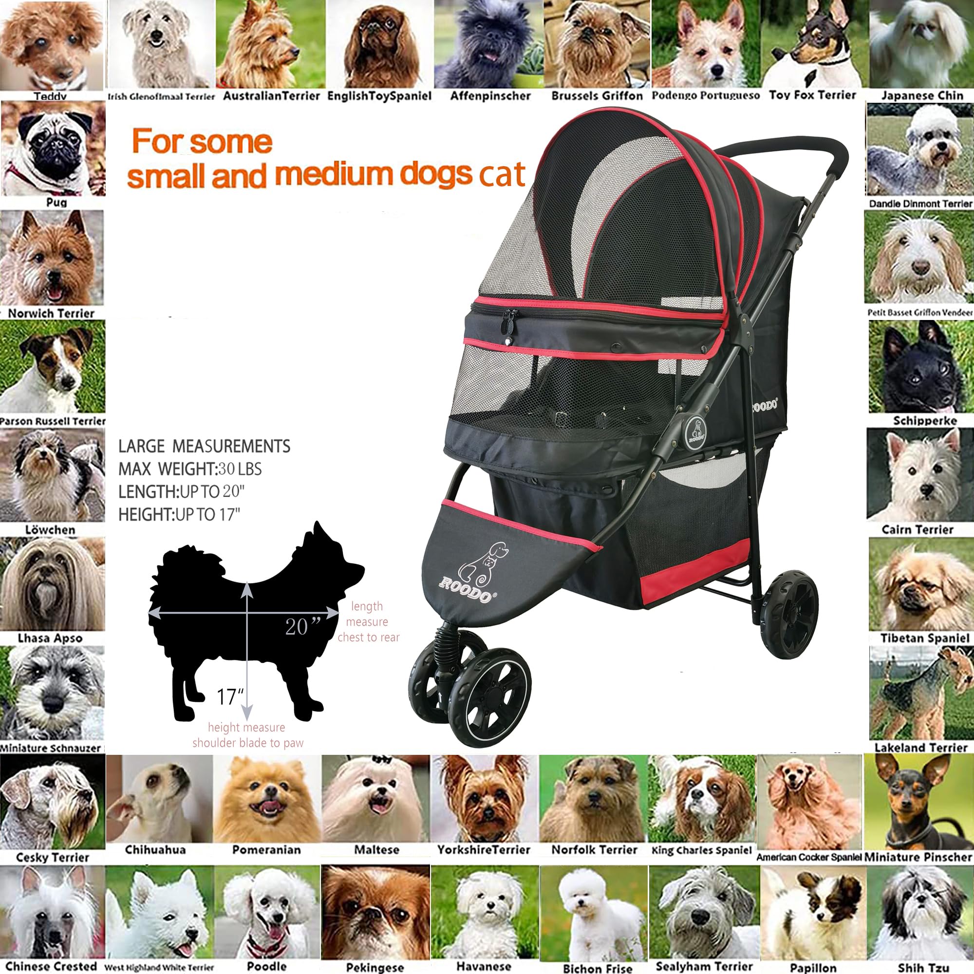 ROODO Escort 3-Wheel Pet Stroller – Lightweight Foldable All-Terrain for Small & Medium Dogs & Cats (Black)