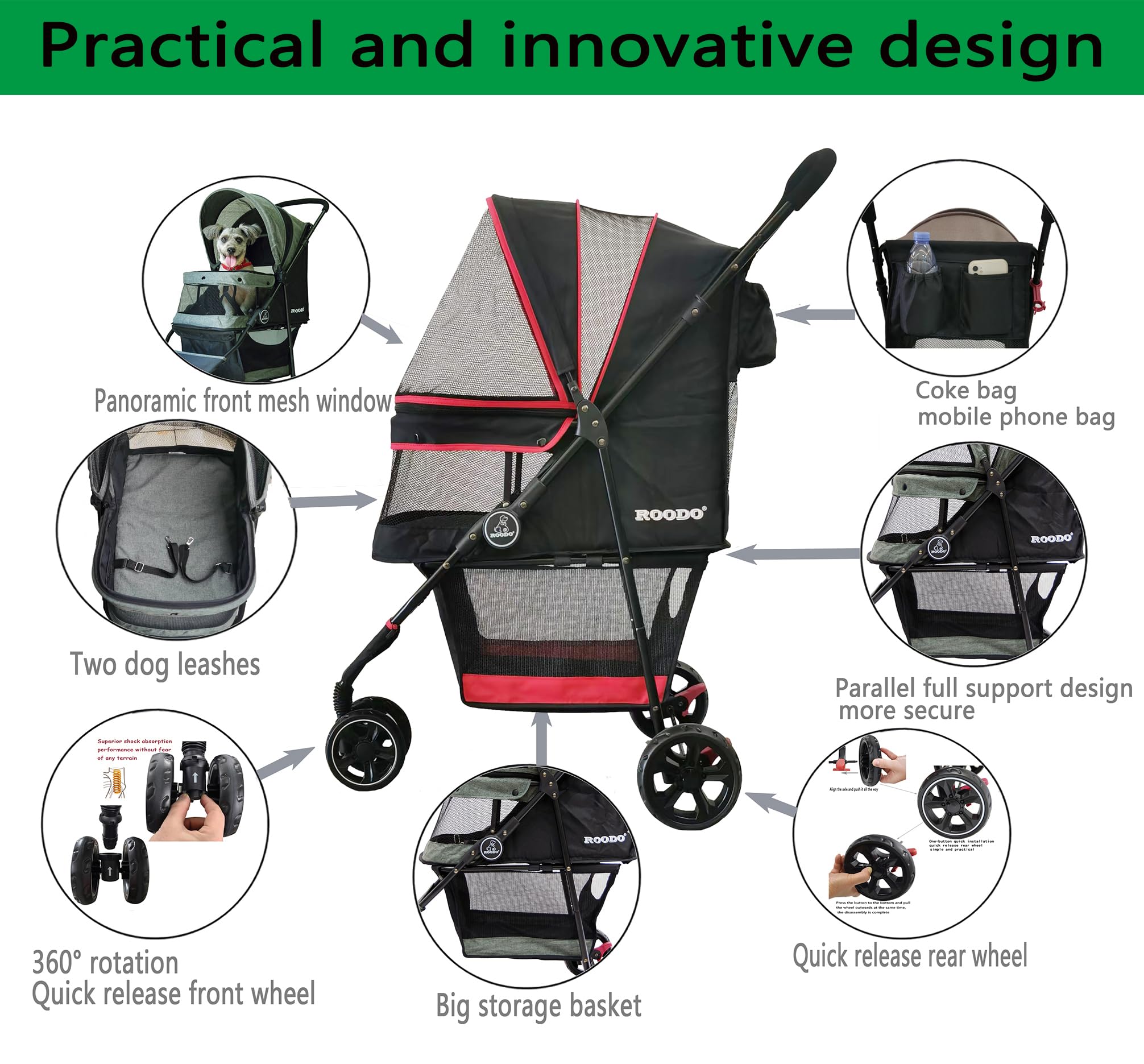 ROODO Escort 3-Wheel Pet Stroller – Lightweight Foldable All-Terrain for Small & Medium Dogs & Cats (Black)