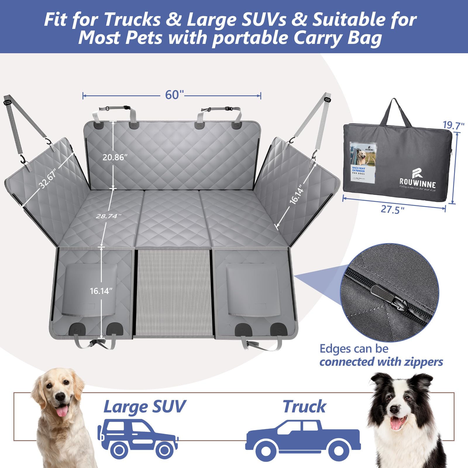 ROUWINNE Back Seat Extender for Dogs – 59 Inches Wide, 400 lb Capacity, Waterproof Dog Hammock for Crew Cab Trucks