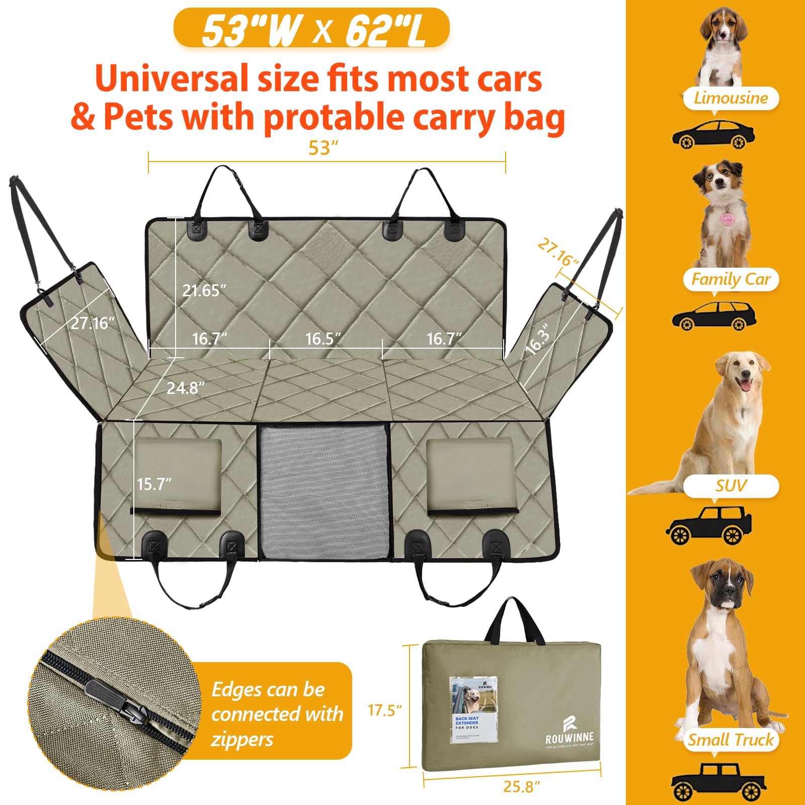 ROUWINNE Back Seat Extender for Dogs – Large Space, Waterproof, 420 lb Capacity