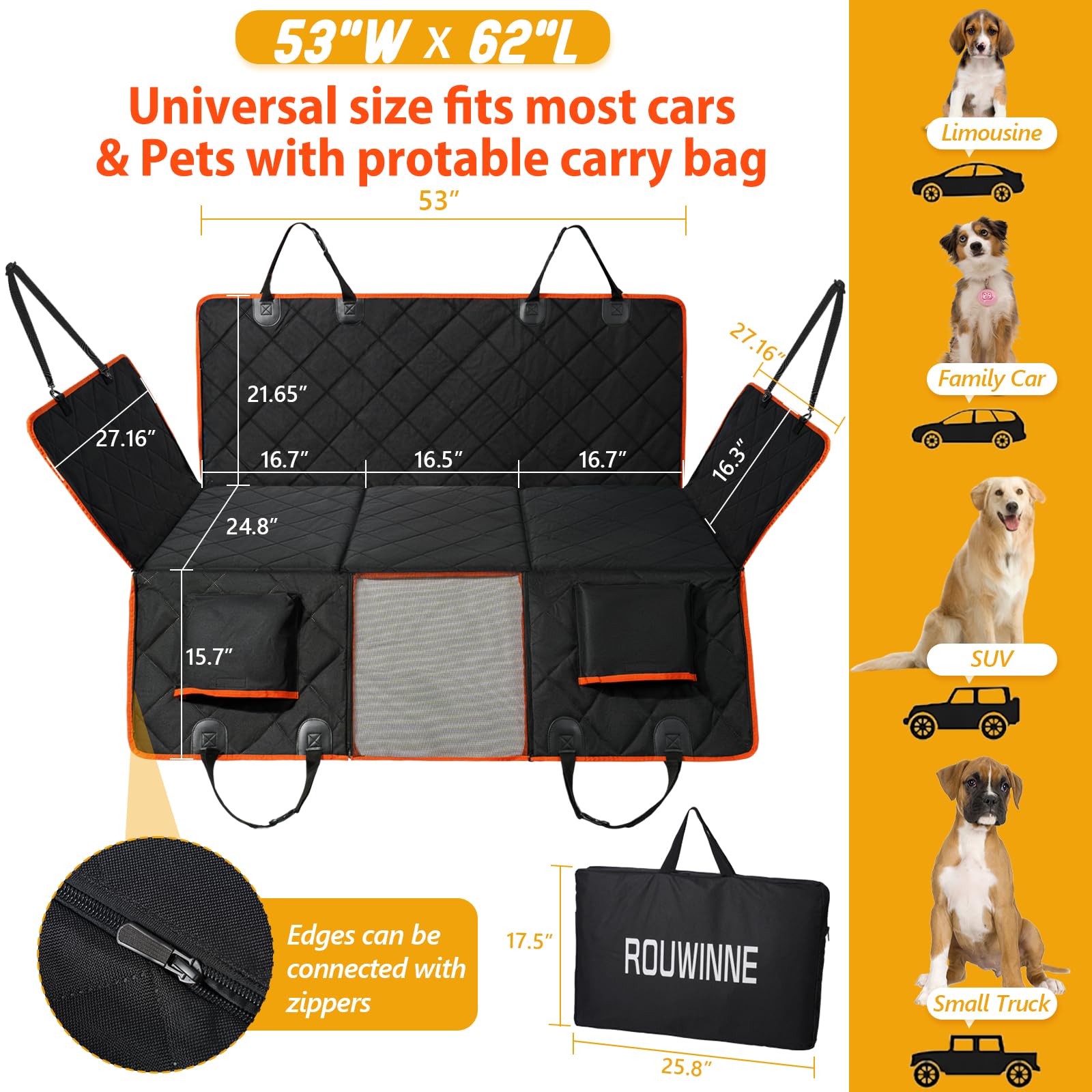 ROUWINNE Back Seat Extender for Dogs – Waterproof Hard-Bottom Car Bed, 420lb Capacity, Universal Fit