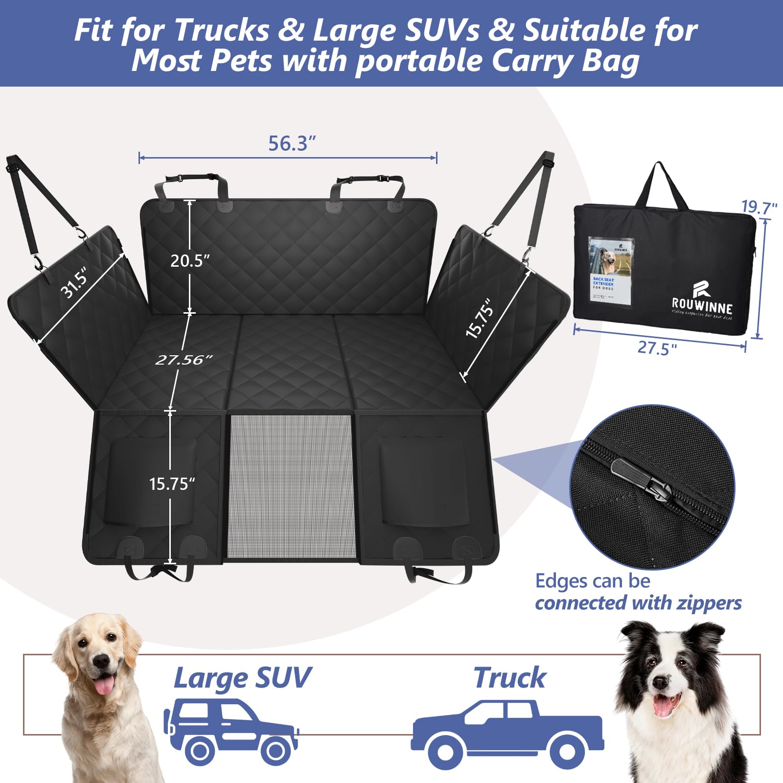 ROUWINNE Back Seat Extender for Dogs – Large Space, Waterproof Truck Seat Cover