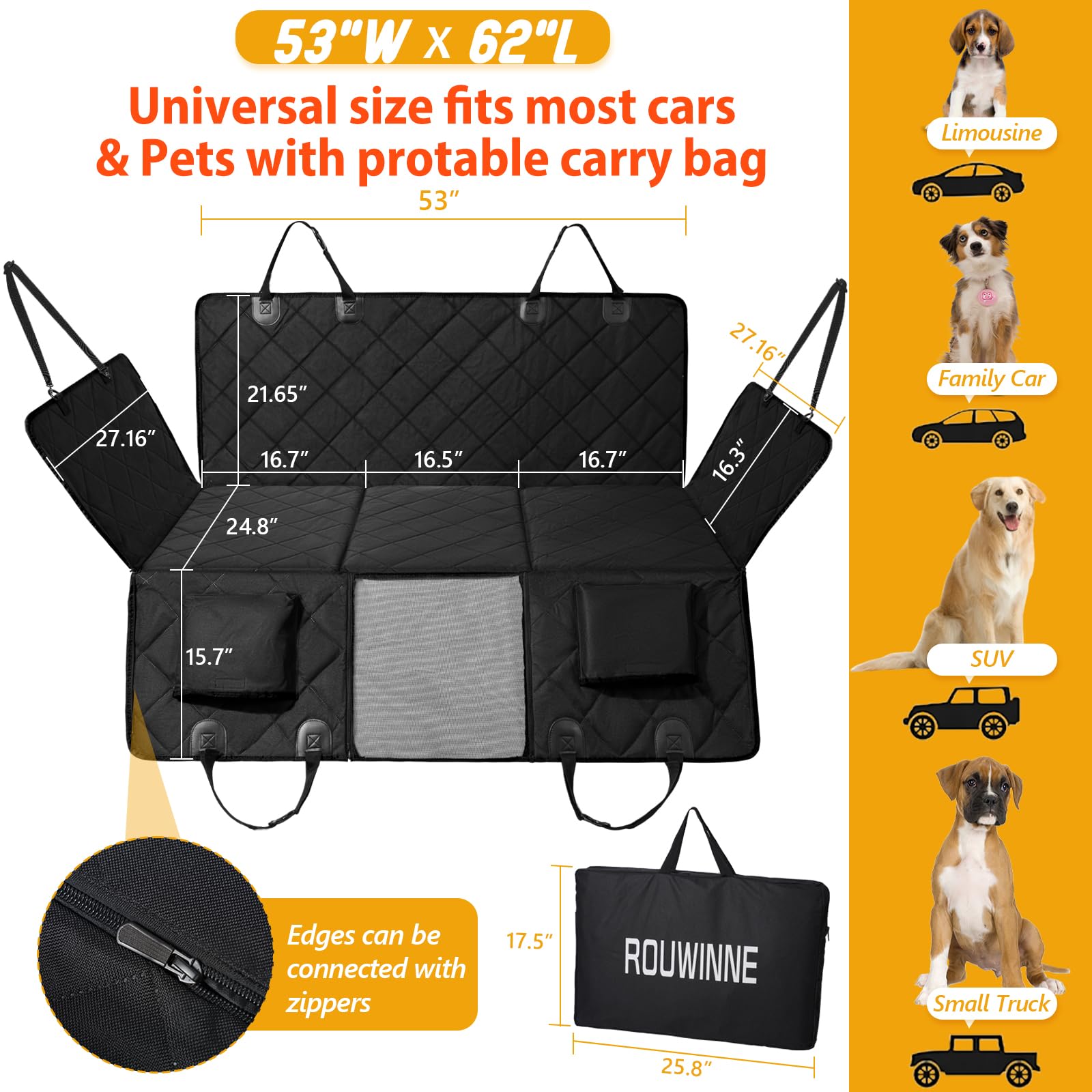 ROUWINNE Back Seat Extender for Dogs – 53 in Wide, 420 lb Capacity, Waterproof Car Hammock