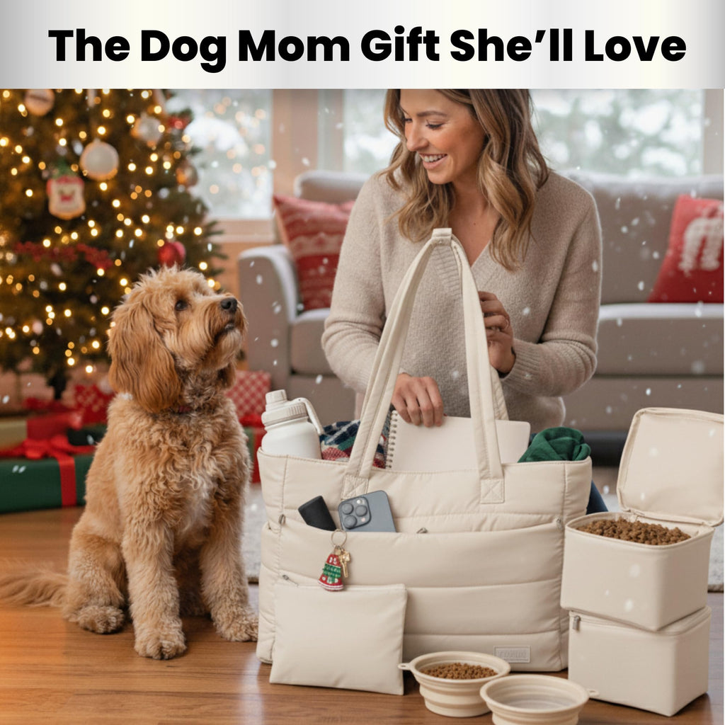 Rubyloo Puffer Dog Travel Bag for Dog Moms – Lightweight Beige Tote with Bowls and Food Storage