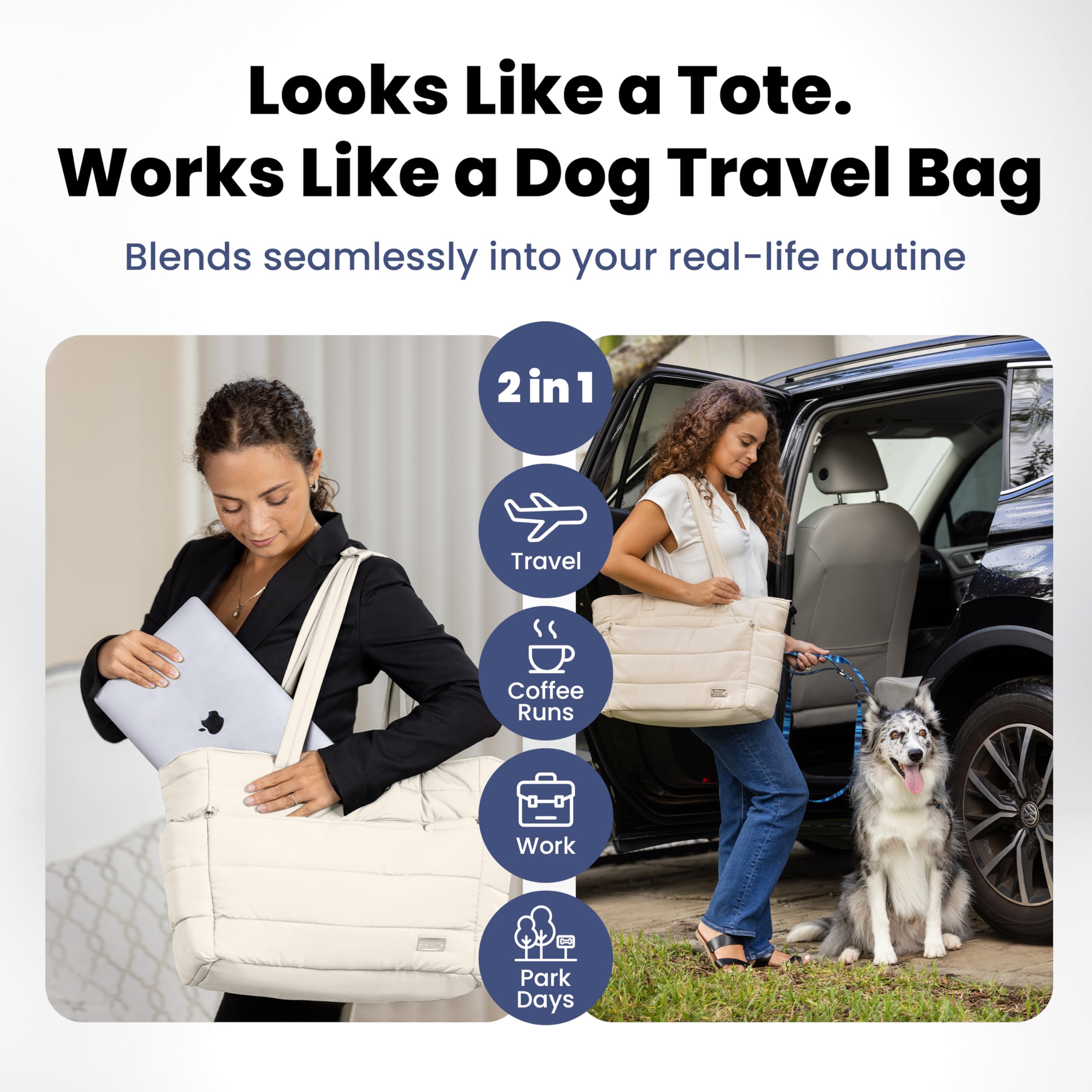 Rubyloo Puffer Dog Travel Bag for Dog Moms – Lightweight Beige Tote with Bowls and Food Storage