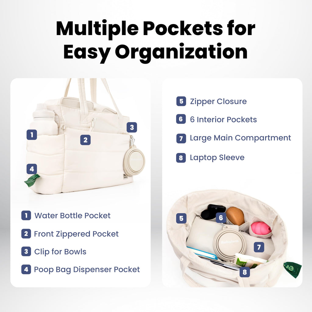 Rubyloo Puffer Dog Travel Bag for Dog Moms – Lightweight Beige Tote with Bowls and Food Storage
