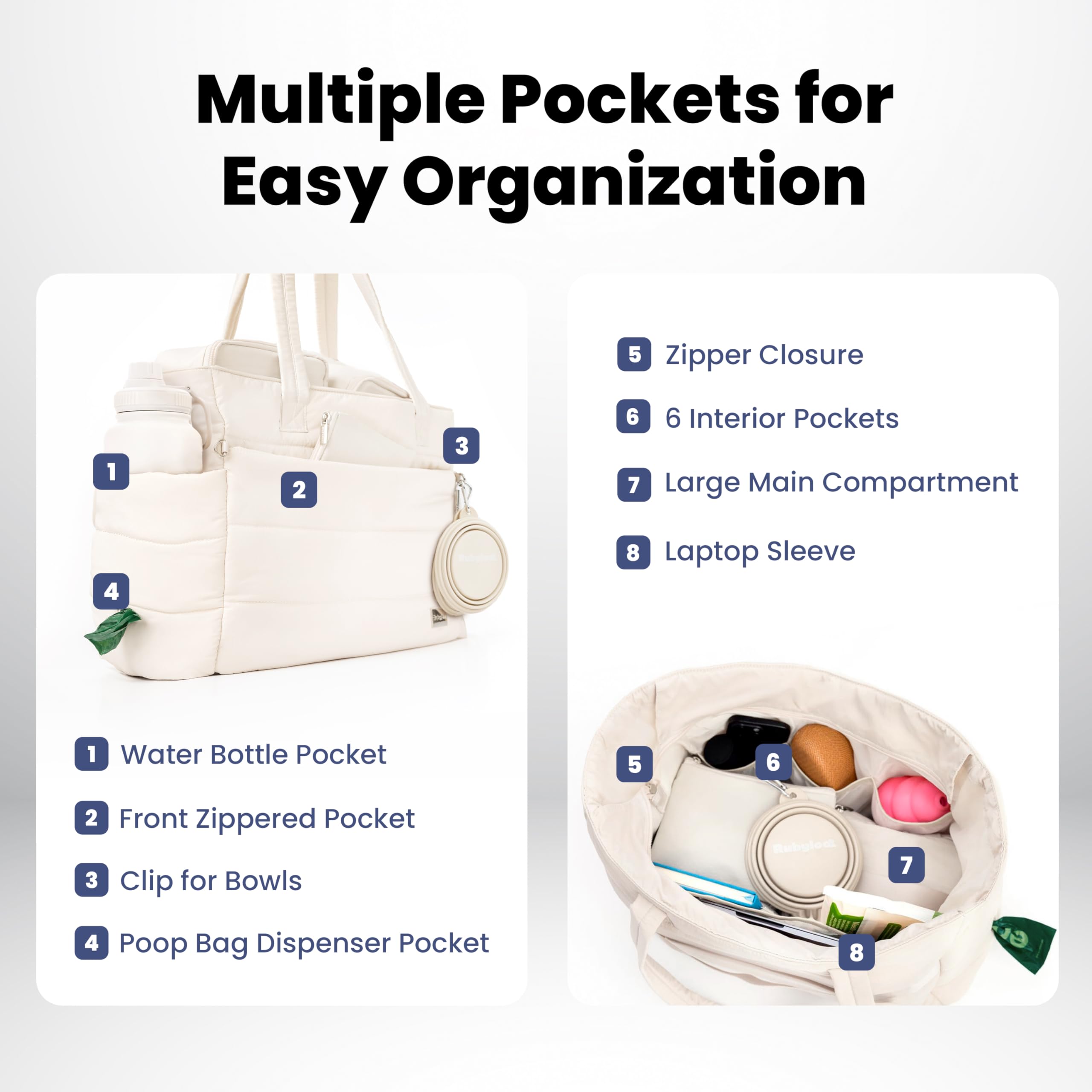 Rubyloo Puffer Dog Travel Bag for Dog Moms – Lightweight Beige Tote with Bowls and Food Storage