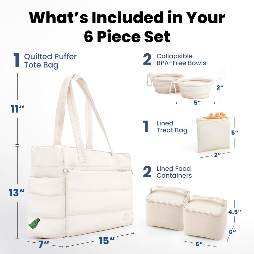Rubyloo Puffer Dog Travel Bag for Dog Moms – Lightweight Beige Tote with Bowls and Food Storage