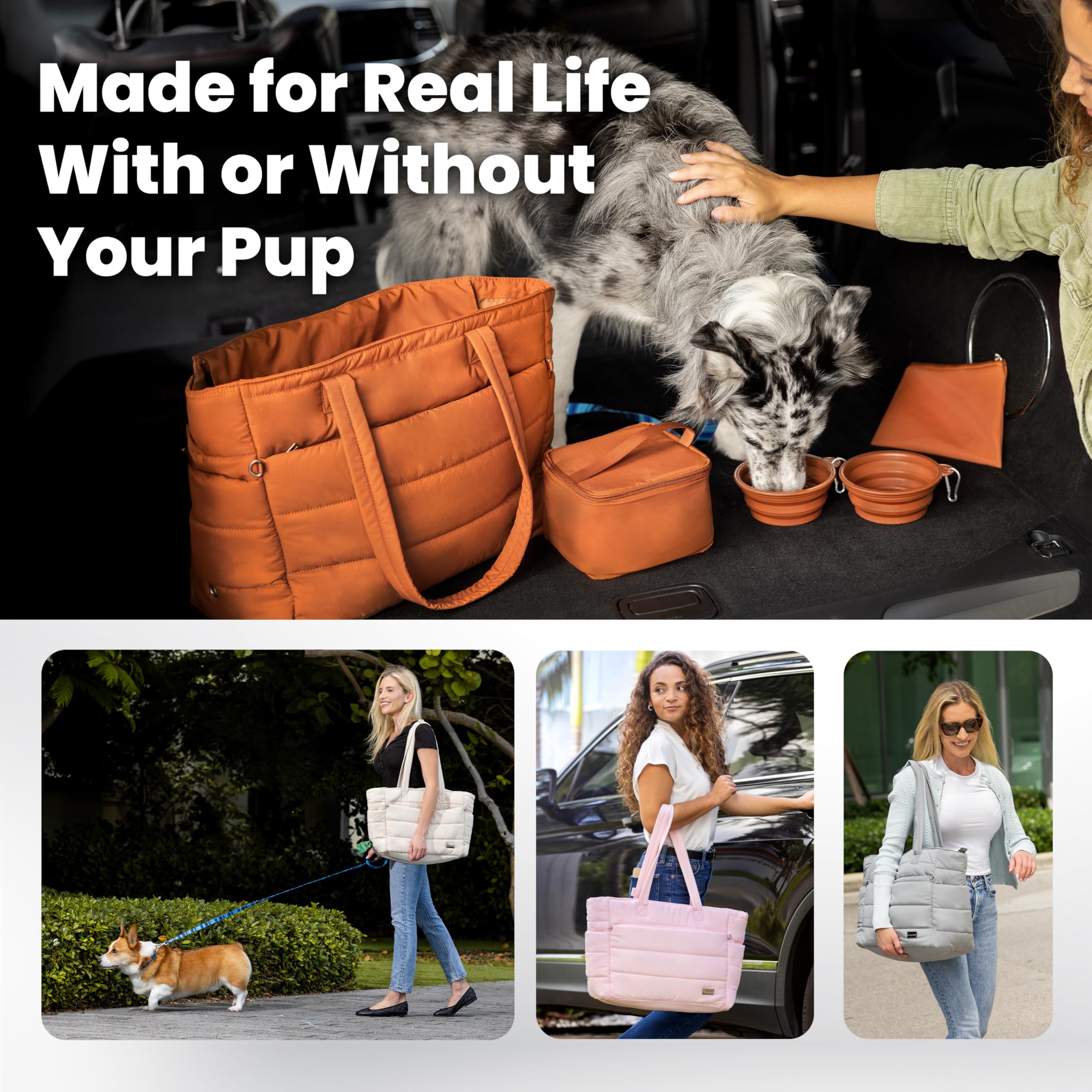 Rubyloo Puffer Dog Travel Bag for Dog Moms – Lightweight Beige Tote with Bowls and Food Storage