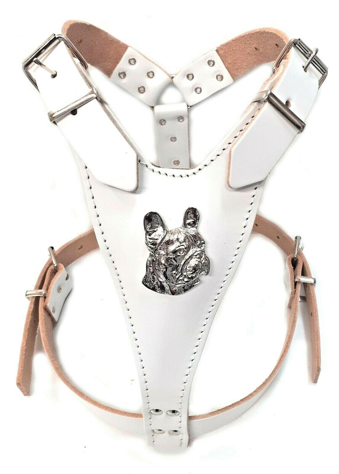 Leather Frenchie Harness with French Bulldog Head Motif only For Fully Grown and Bigger French Bulldogs