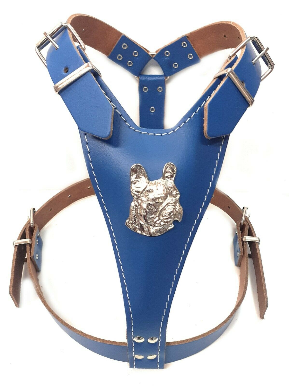 Leather Frenchie Harness with French Bulldog Head Motif only For Fully Grown and Bigger French Bulldogs