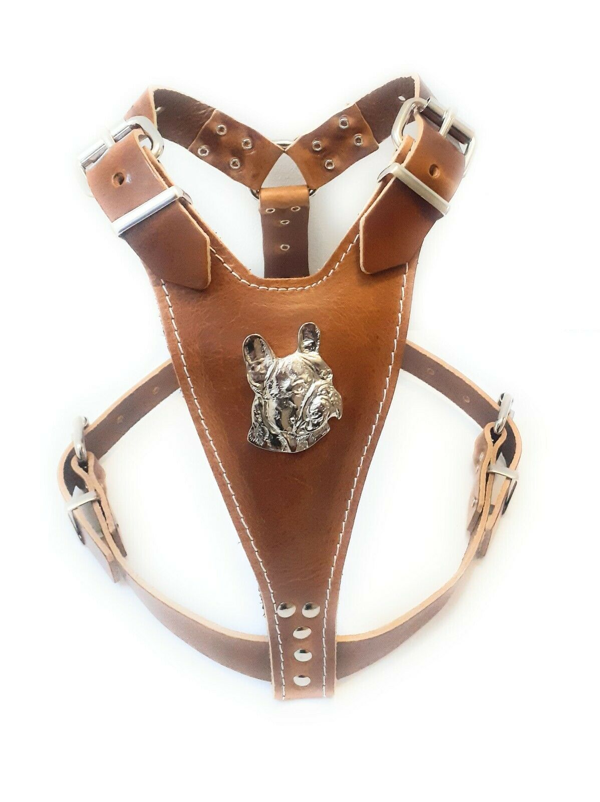 Leather Frenchie Harness with French Bulldog Head Motif only For Fully Grown and Bigger French Bulldogs