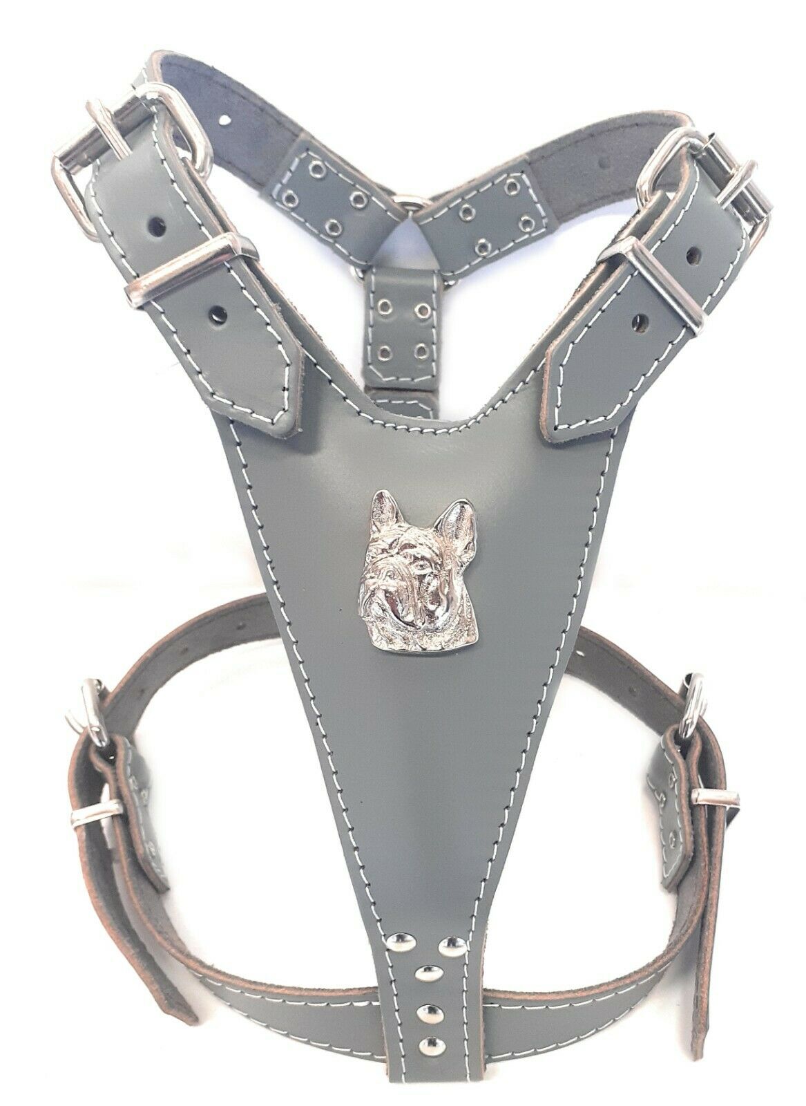 Leather Frenchie Harness with French Bulldog Head Motif only For Fully Grown and Bigger French Bulldogs