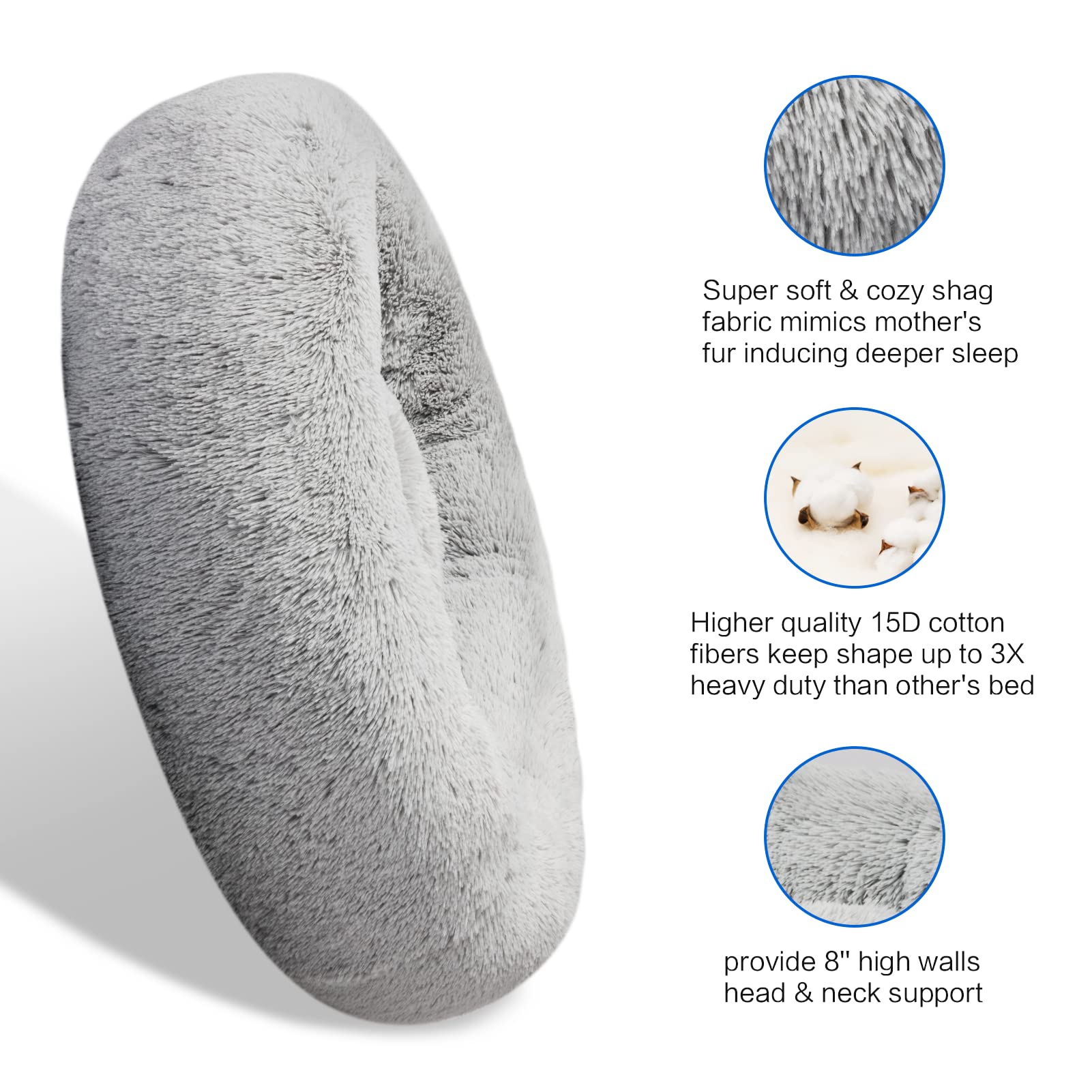 SAVFOX Plush Calming Donut Dog Bed – Washable Faux Fur Bed for Small to XXL Dogs & Cats