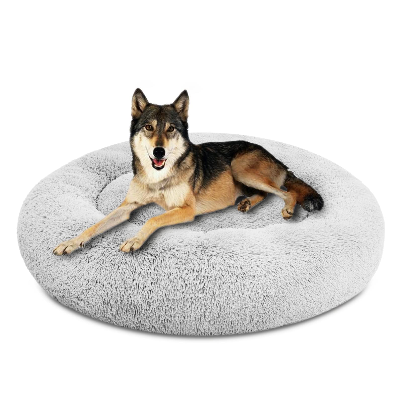 SAVFOX Plush Calming Donut Dog Bed – Washable Faux Fur Bed for Small to XXL Dogs & Cats