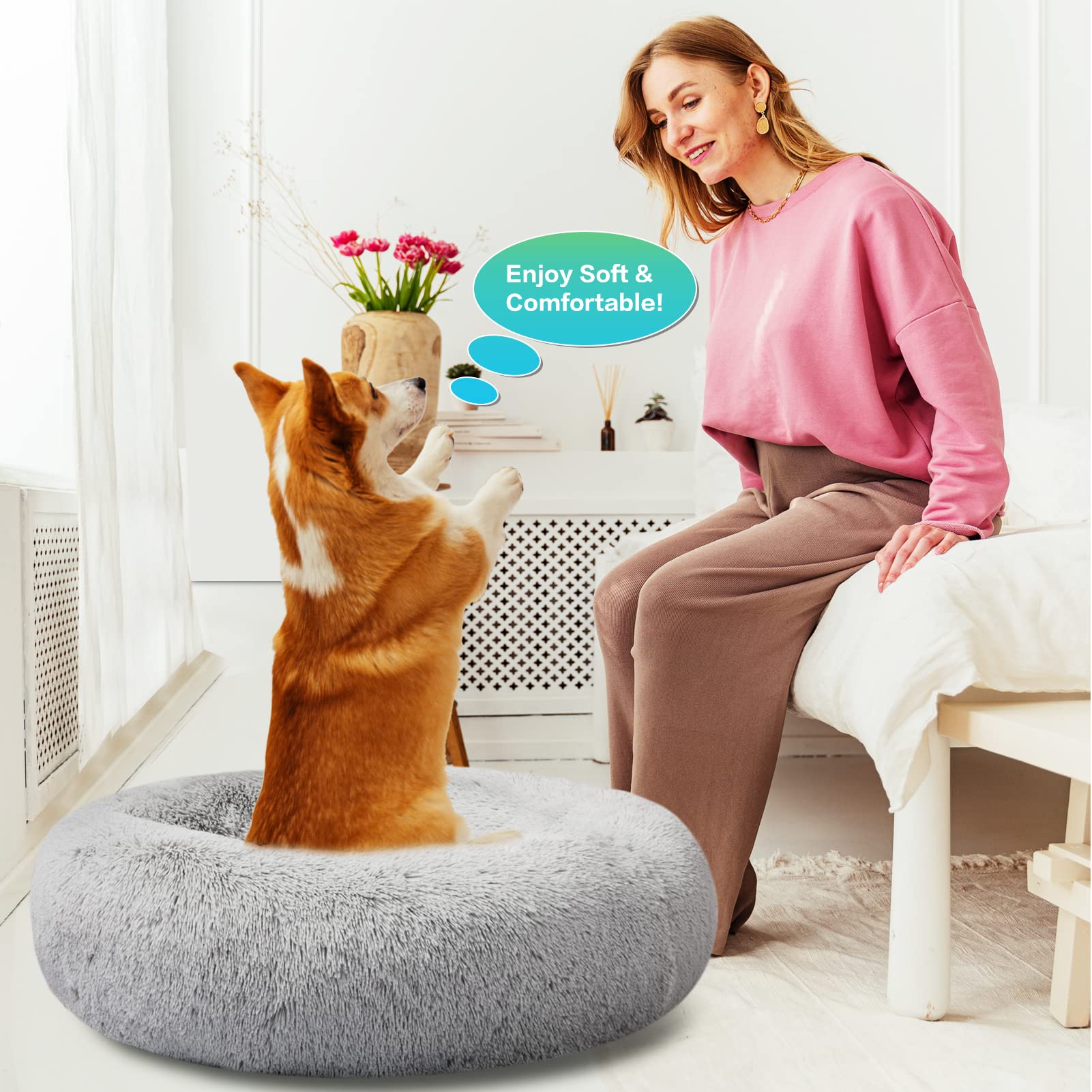 SAVFOX Plush Calming Donut Dog Bed – Washable Faux Fur Bed for Small to XXL Dogs & Cats
