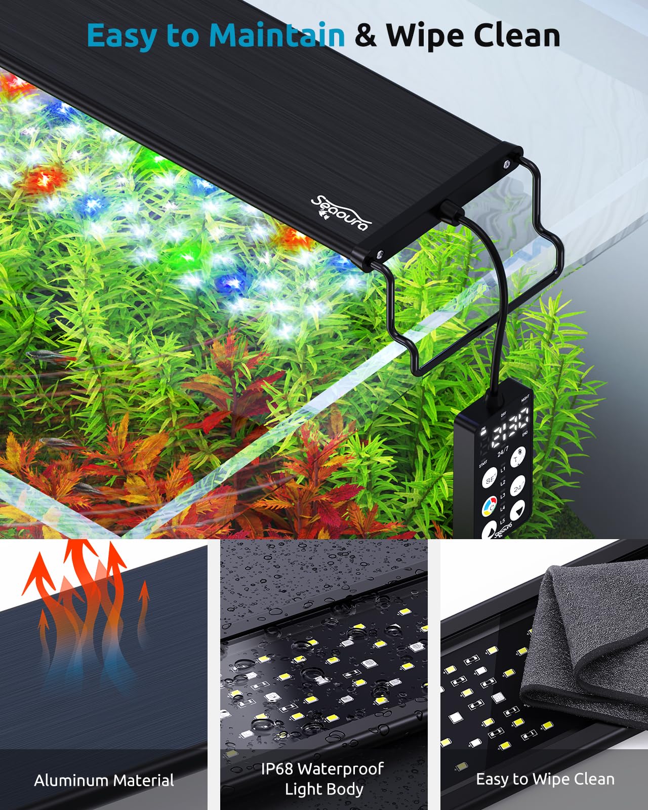 SEAOURA Full Spectrum Aquarium Light | 36-42in, 24/7 Timer, IP68, Plant Growth