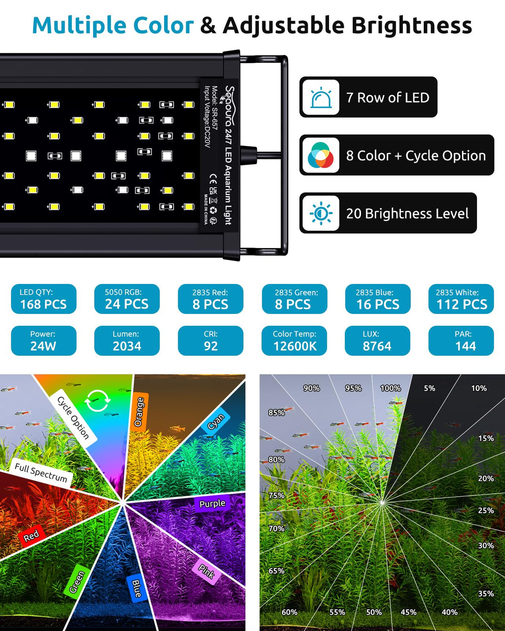 SEAOURA Aquarium Light | 24/7 Custom Timer, 7-Row Full Spectrum LED for 24–30in Tanks