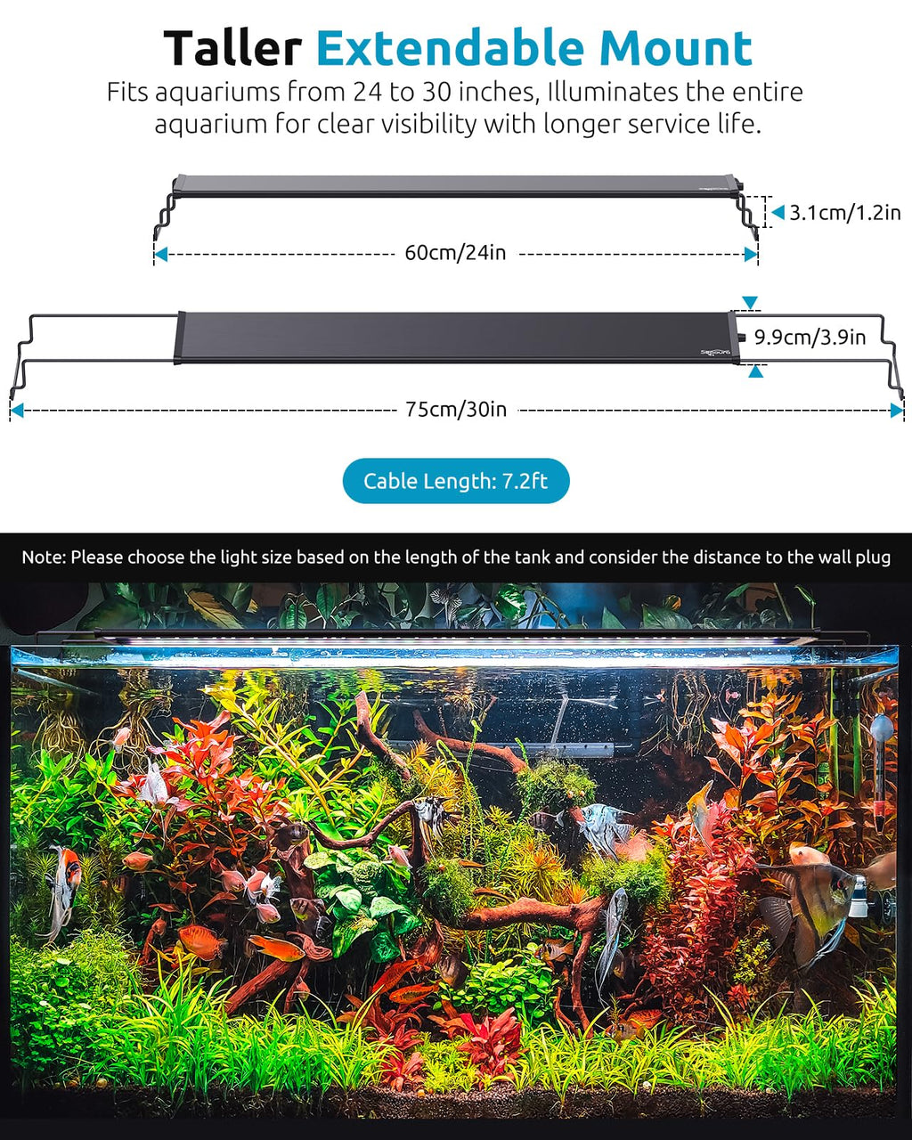 SEAOURA Aquarium Light | 24/7 Custom Timer, 7-Row Full Spectrum LED for 24–30in Tanks