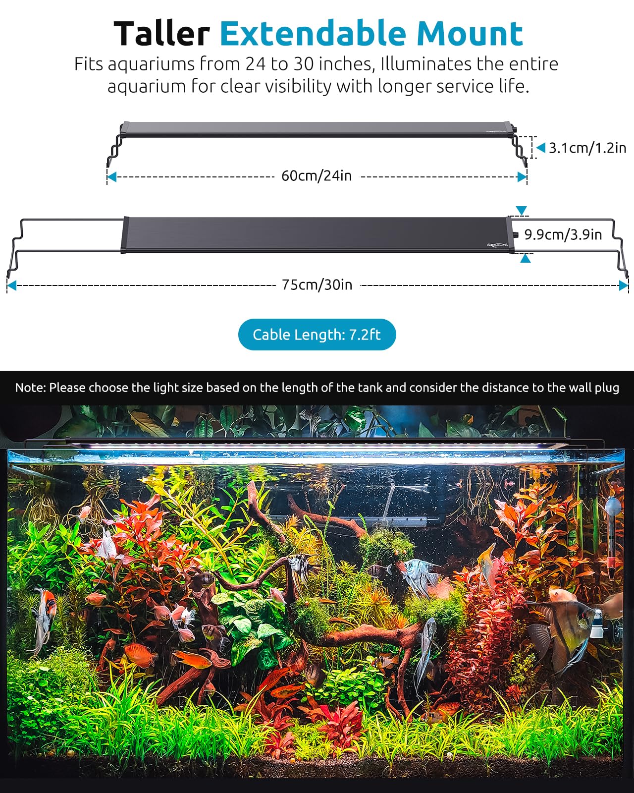 SEAOURA Aquarium Light | 24/7 Custom Timer, 7-Row Full Spectrum LED for 24–30in Tanks