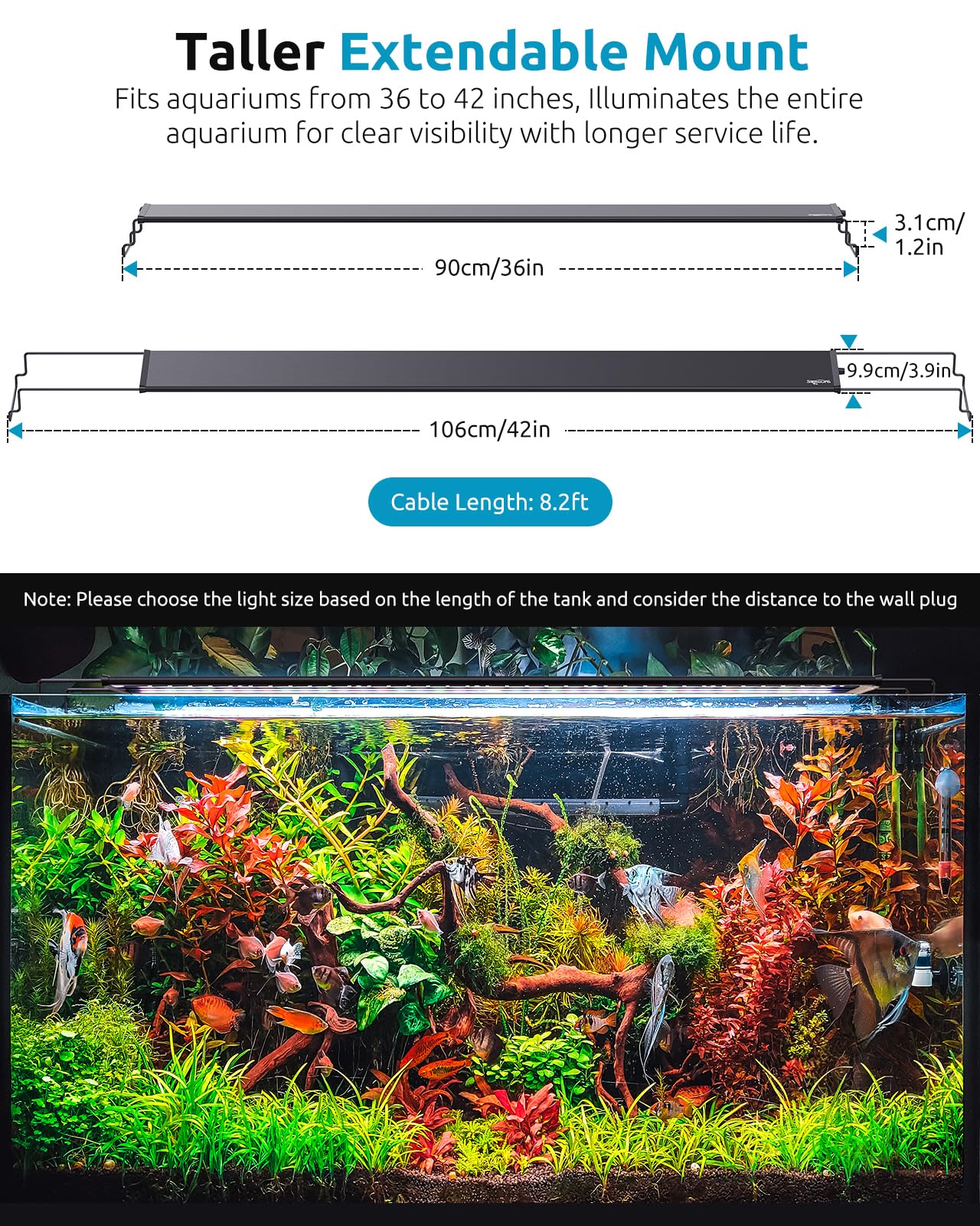 SEAOURA Full Spectrum Aquarium Light | 36-42in, 24/7 Timer, IP68, Plant Growth
