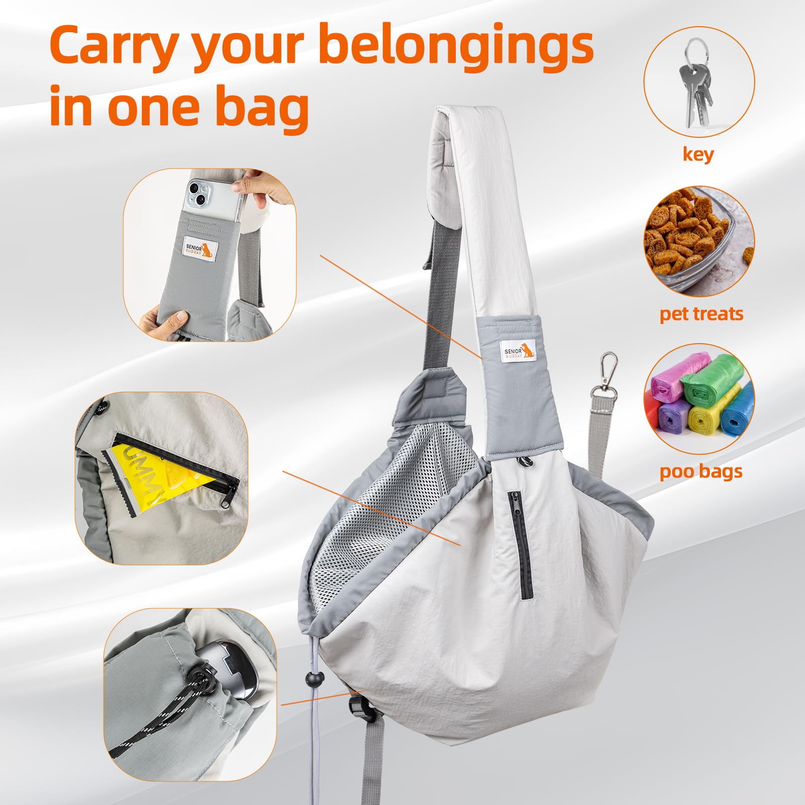 SENIOR BUDDAY Dog Carrier Sling for Small Dogs & Cats Up to 20 lbs – Grey, Hands-Free Travel