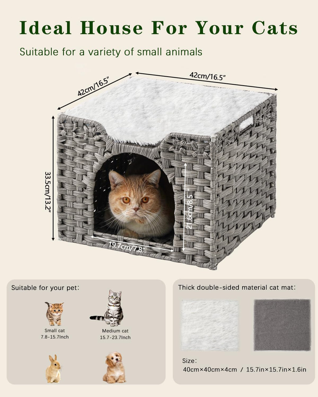 SETVSON Handwoven Rattan Cat Bed Cave — Large Foldable Indoor Cat House with Cushion (16.5x16.5x13.2 in)