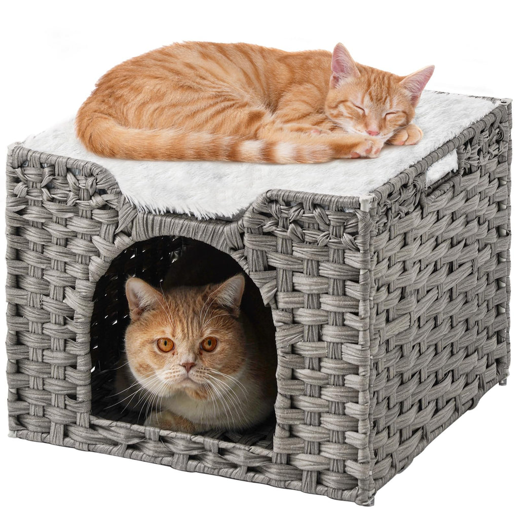 SETVSON Handwoven Rattan Cat Bed Cave — Large Foldable Indoor Cat House with Cushion (16.5x16.5x13.2 in)