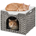 SETVSON Handwoven Rattan Cat Bed Cave — Large Foldable Indoor Cat House with Cushion (16.5x16.5x13.2 in)