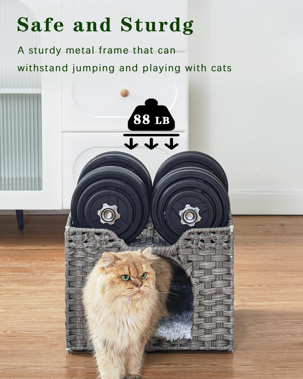 SETVSON Handwoven Rattan Cat Bed Cave — Large Foldable Indoor Cat House with Cushion (16.5x16.5x13.2 in)