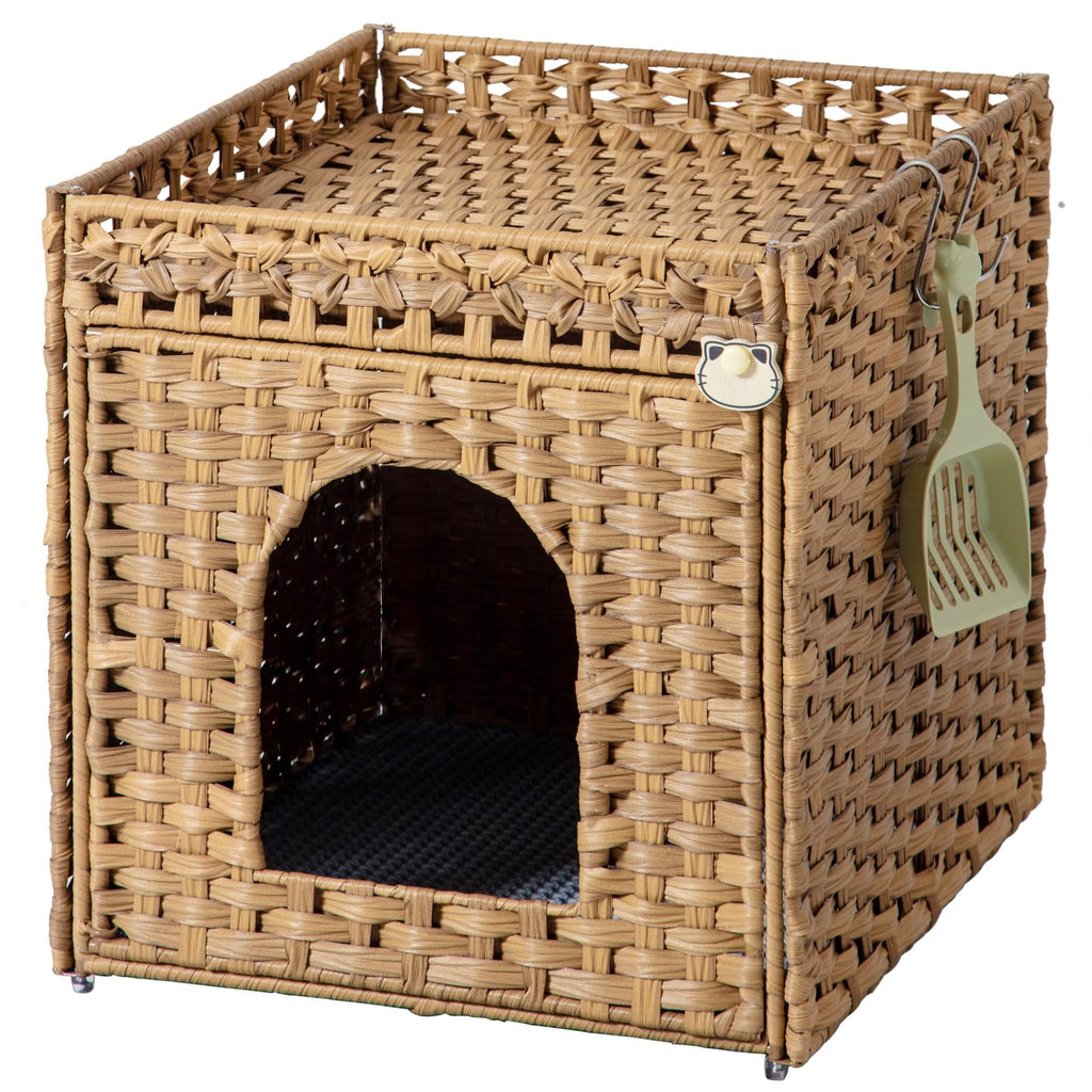 SETVSON Cat Litter Box Enclosure Furniture – Hidden Litter Box with Handwoven Rattan (Natural)