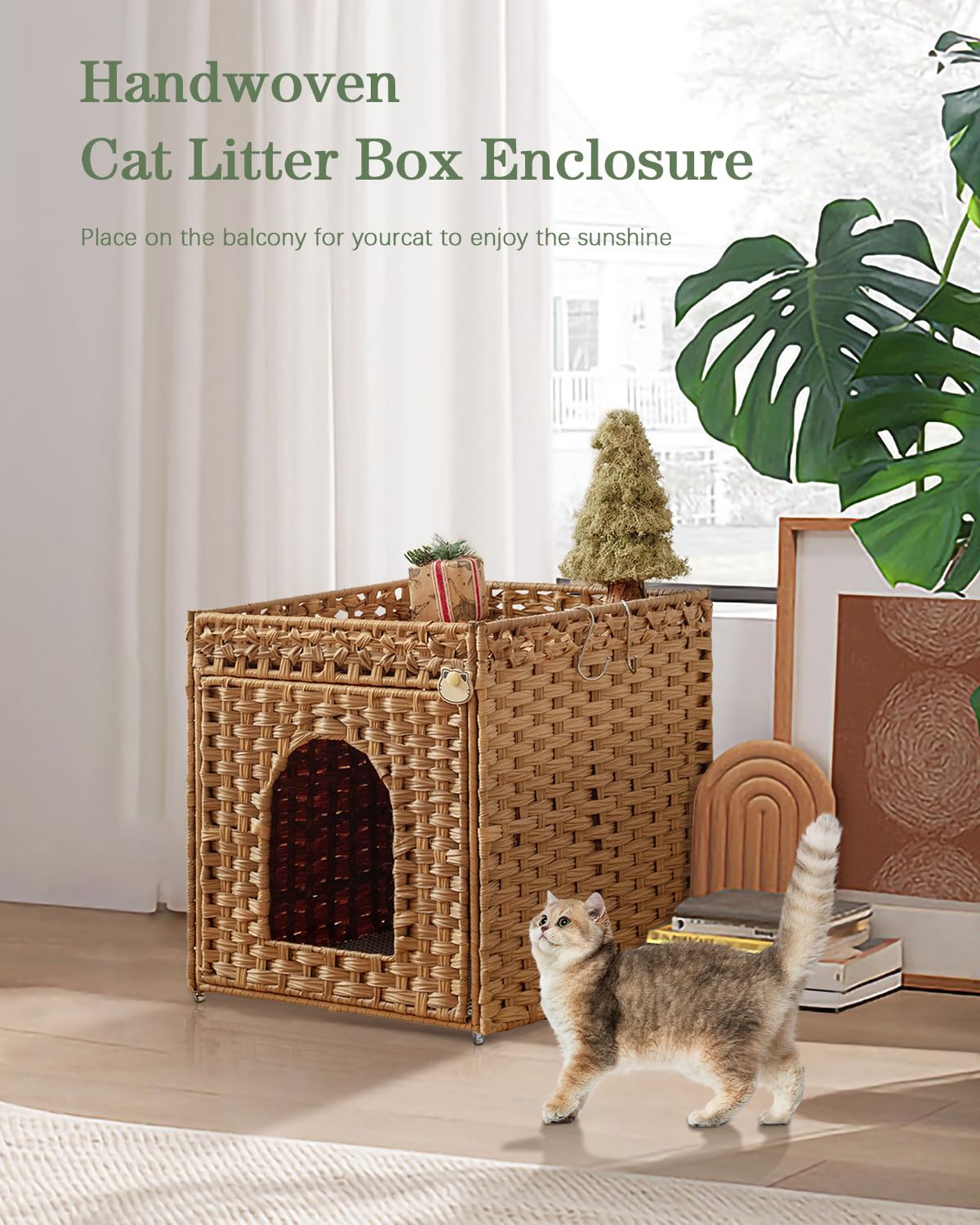 SETVSON Cat Litter Box Enclosure Furniture – Hidden Litter Box with Handwoven Rattan (Natural)