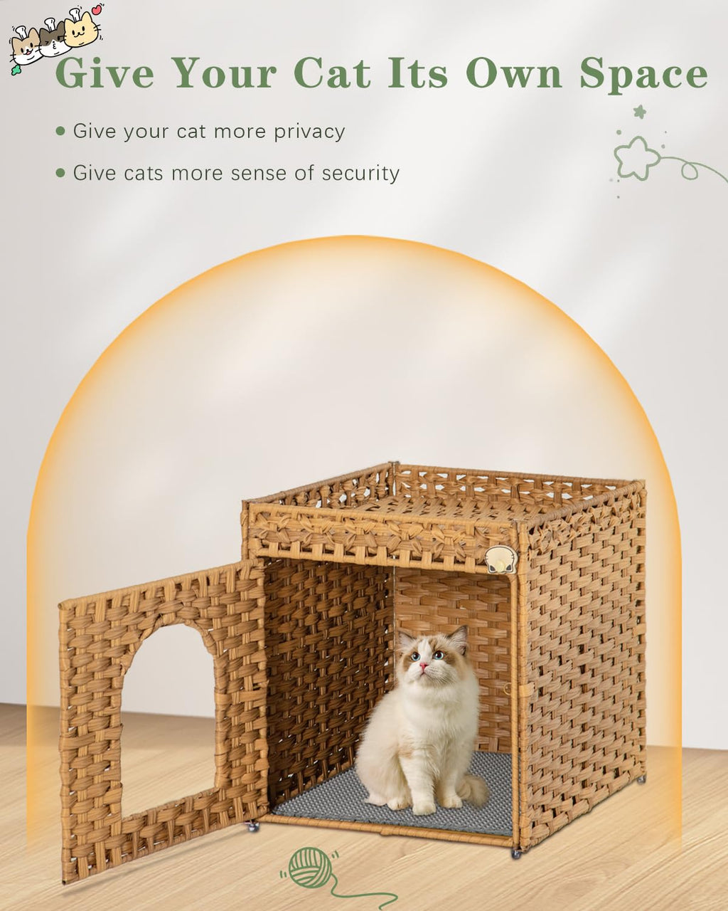 SETVSON Cat Litter Box Enclosure Furniture – Hidden Litter Box with Handwoven Rattan (Natural)