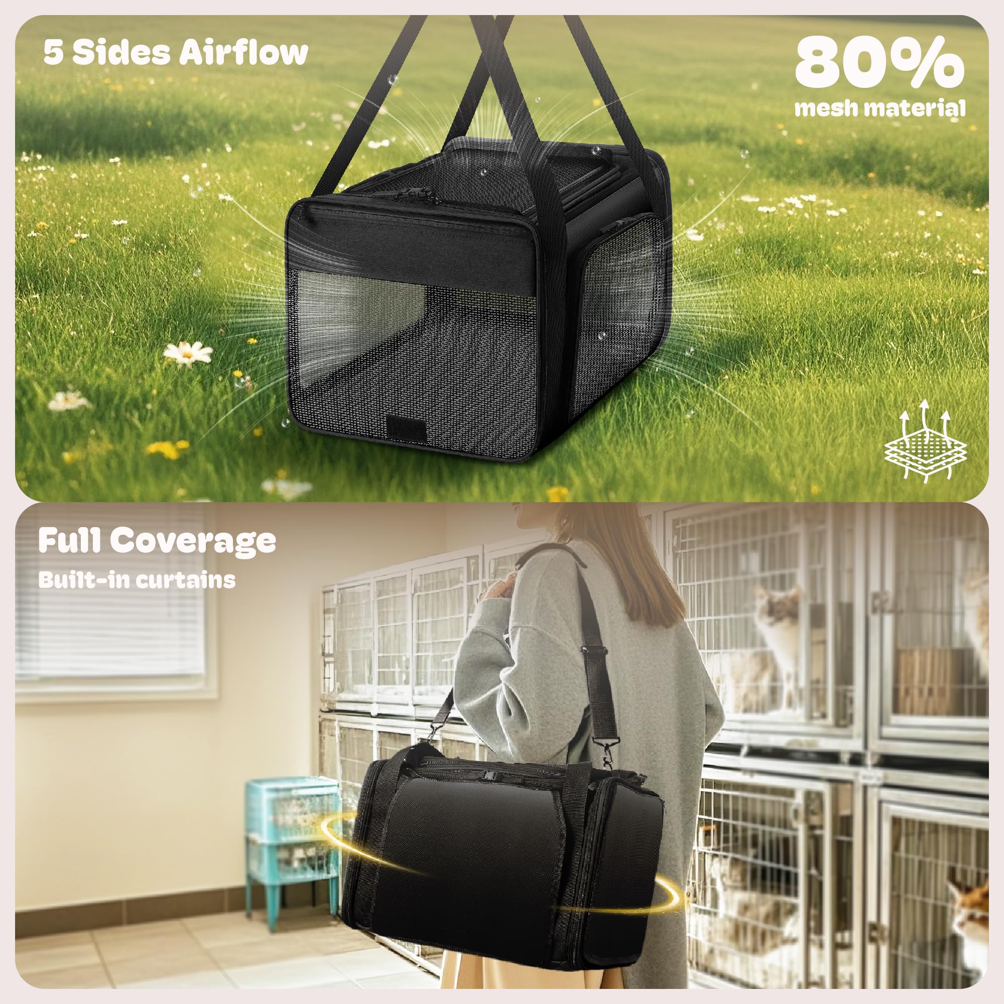SHARLOVY Top and 2 Sides Expandable Pet Carrier – TSA Airline Approved 17x11x9.5, Black