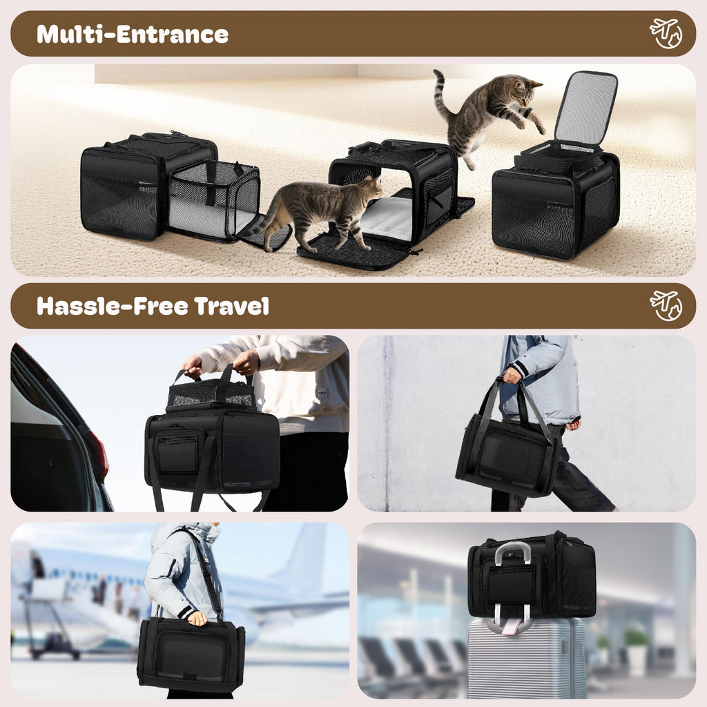 SHARLOVY Top and 2 Sides Expandable Pet Carrier – TSA Airline Approved 17x11x9.5, Black
