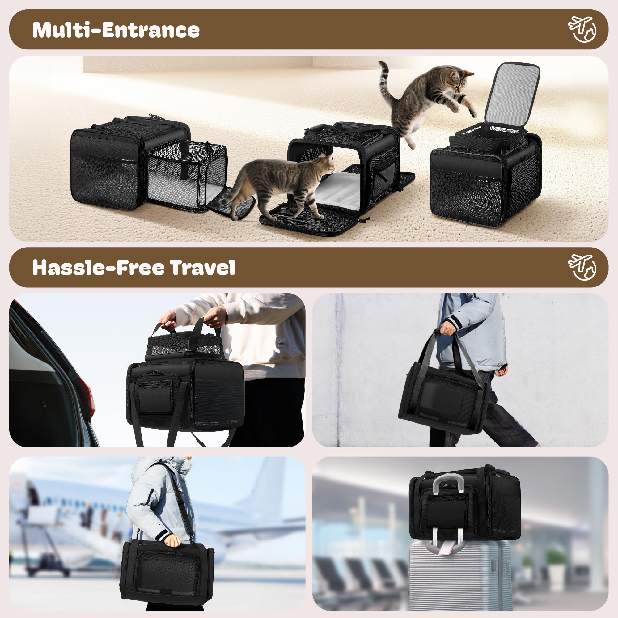 SHARLOVY Top and 2 Sides Expandable Pet Carrier – TSA Airline Approved 17x11x9.5, Black