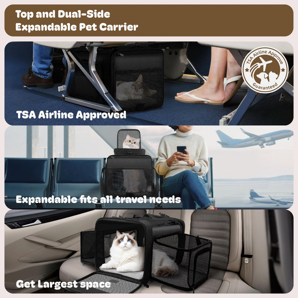 SHARLOVY Top and 2 Sides Expandable Pet Carrier – TSA Airline Approved 17x11x9.5, Black