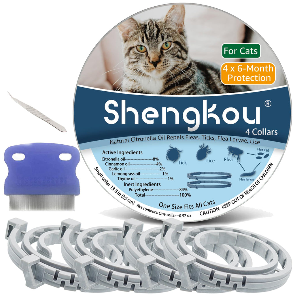 ShengKou Flea & Tick Collar for Cats - 4 Pack (4 x 6 Months) Waterproof, Natural Lemongrass