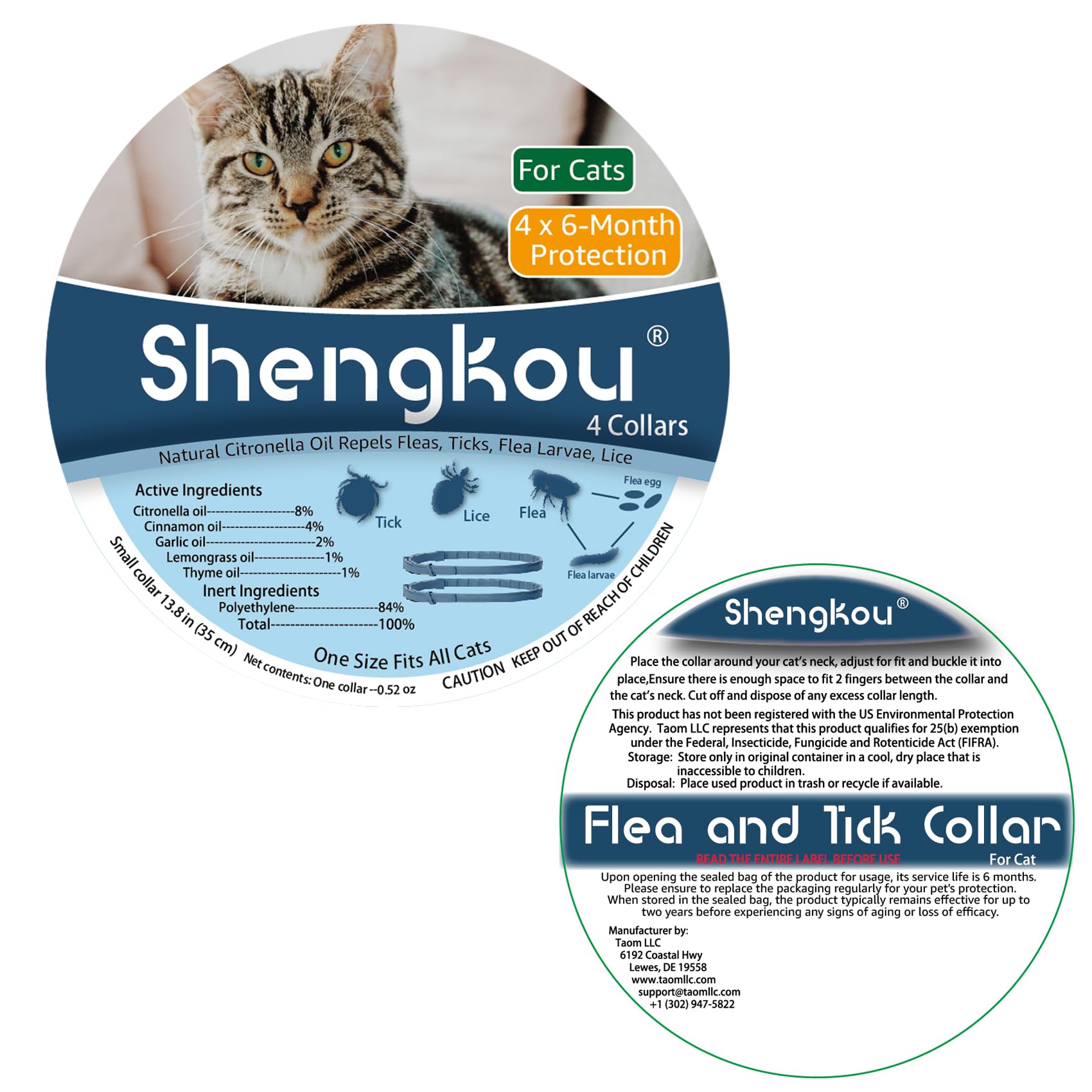 ShengKou Flea & Tick Collar for Cats - 4 Pack (4 x 6 Months) Waterproof, Natural Lemongrass