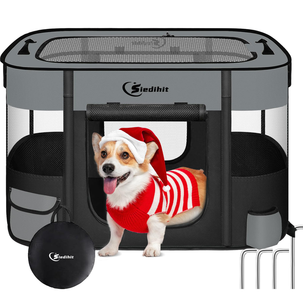 Siedihit Large Dark Grey Dog Cat Playpen – Foldable Indoor/Outdoor Pet Kennel Tent