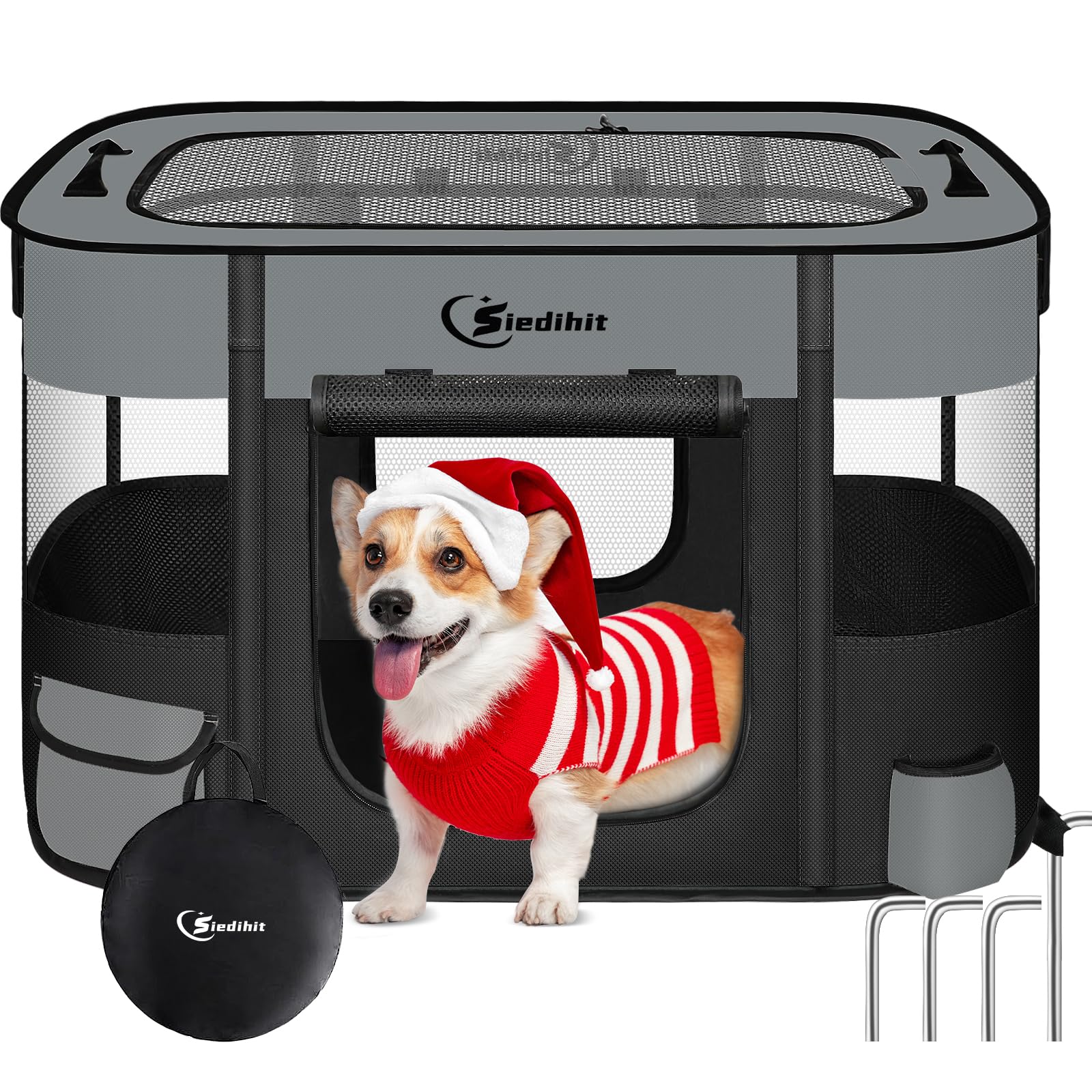 Siedihit Large Dark Grey Dog Cat Playpen – Foldable Indoor/Outdoor Pet Kennel Tent