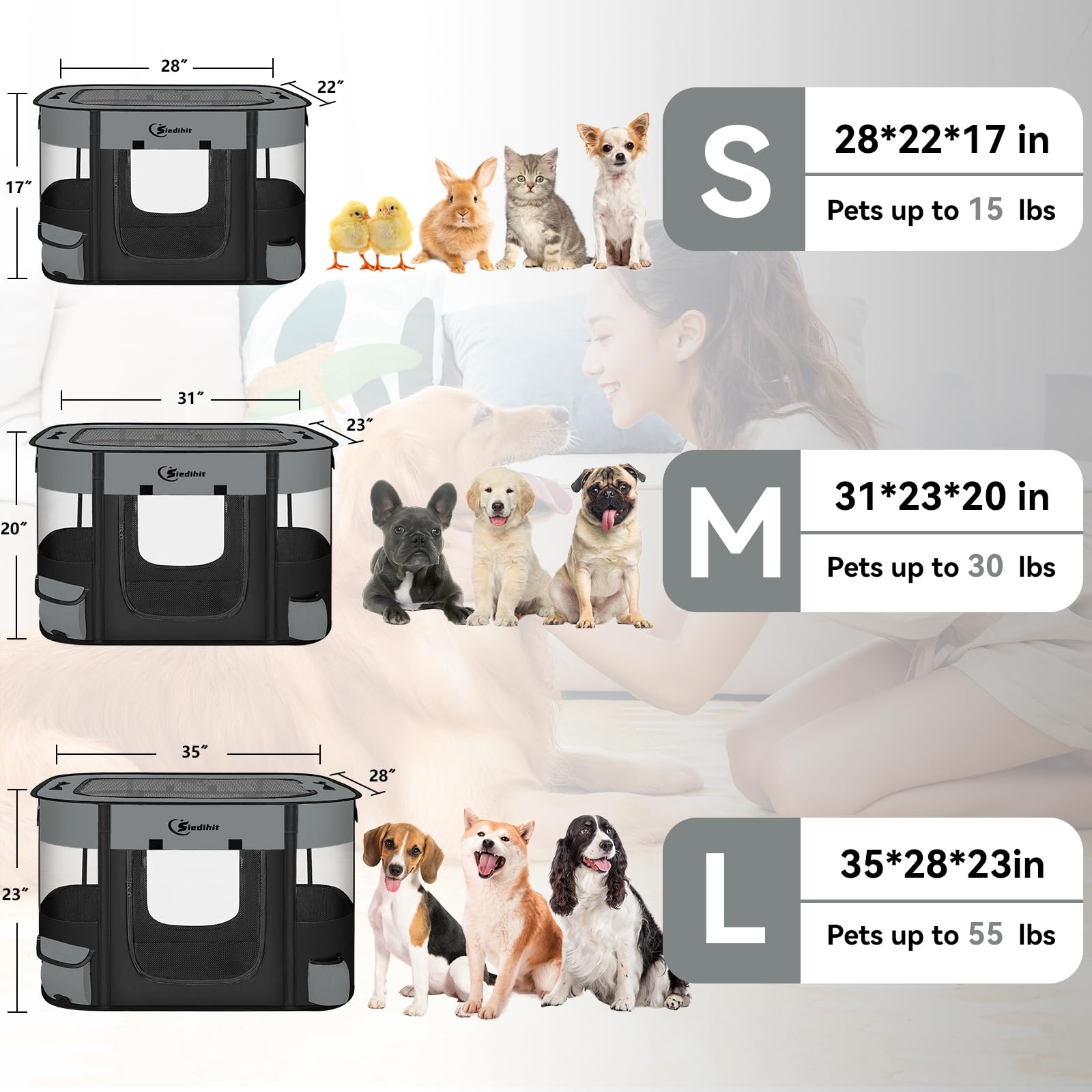 Siedihit Large Dark Grey Dog Cat Playpen – Foldable Indoor/Outdoor Pet Kennel Tent